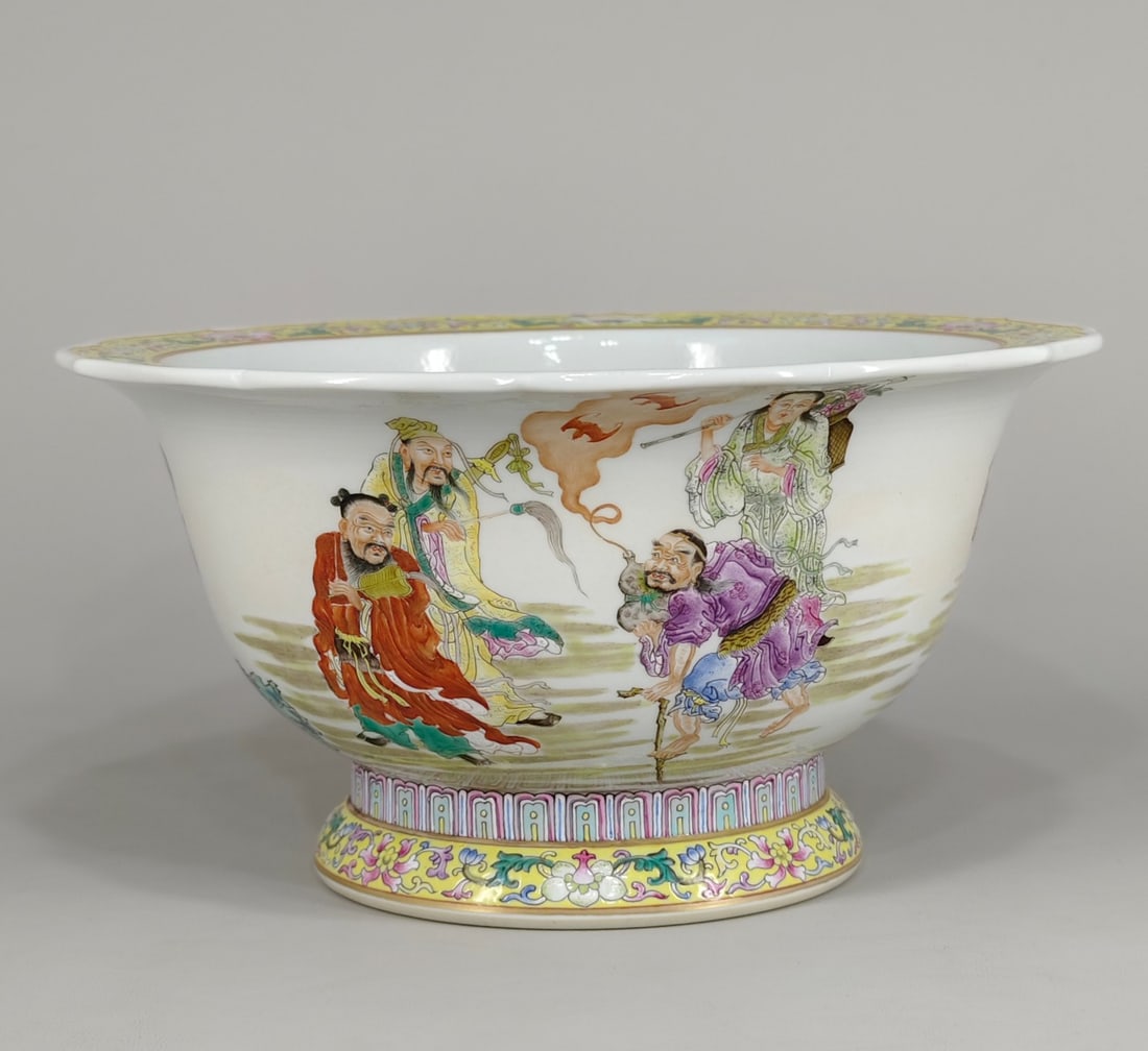 An Exquisite Famille-Rose Lotus Pattern Character and Story Pattern Basin: An Exquisite Famille-Rose Lotus Pattern Character and Story Pattern Basin Qing Dynasty, China