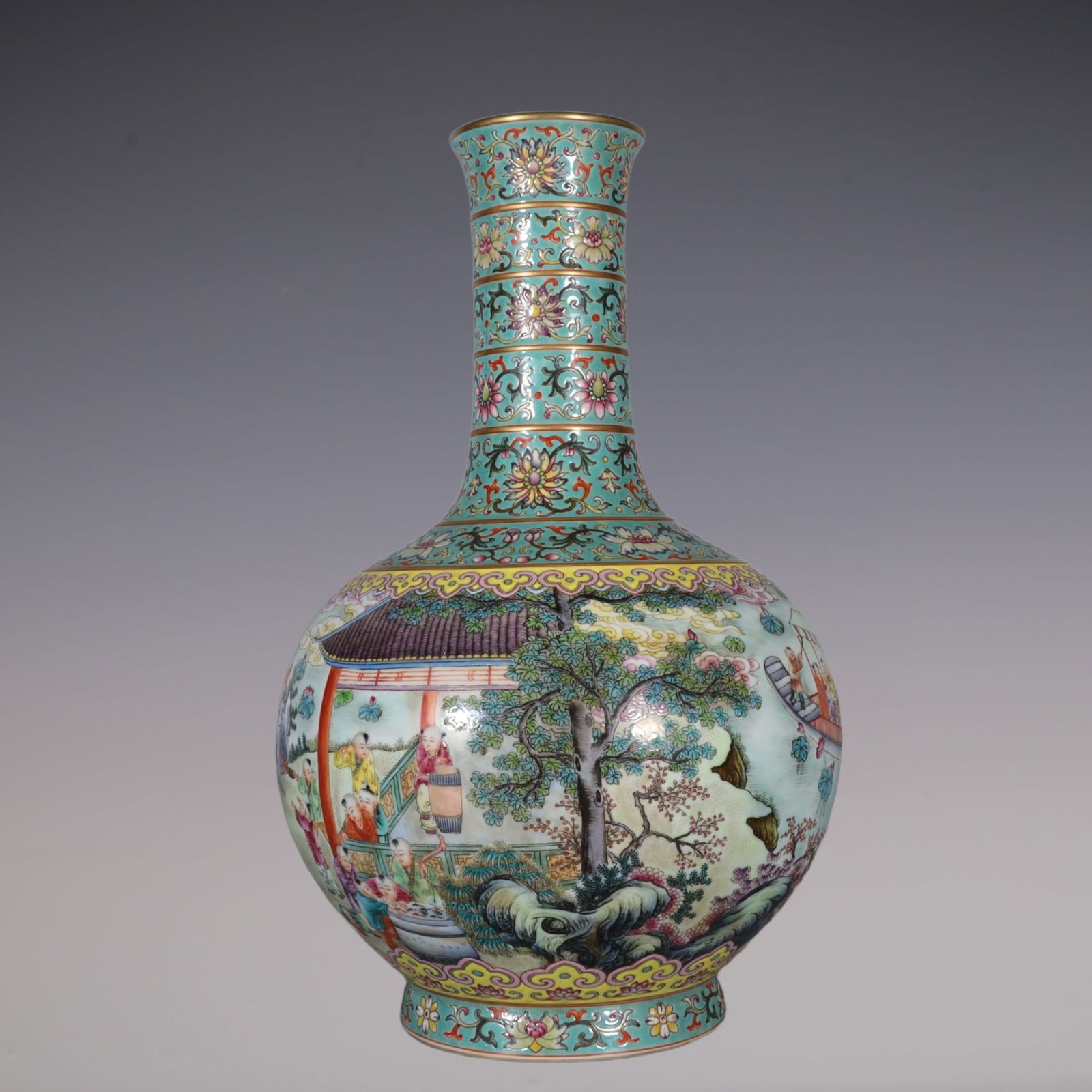 An Exquisite Famille-Rose Green Ground Lotus Pattern Character and Story Pattern Vase: An Exquisite Famille-Rose Green Ground Lotus Pattern Character and Story Pattern Vase Qing Dynasty, China Qianlong Six-character Mark