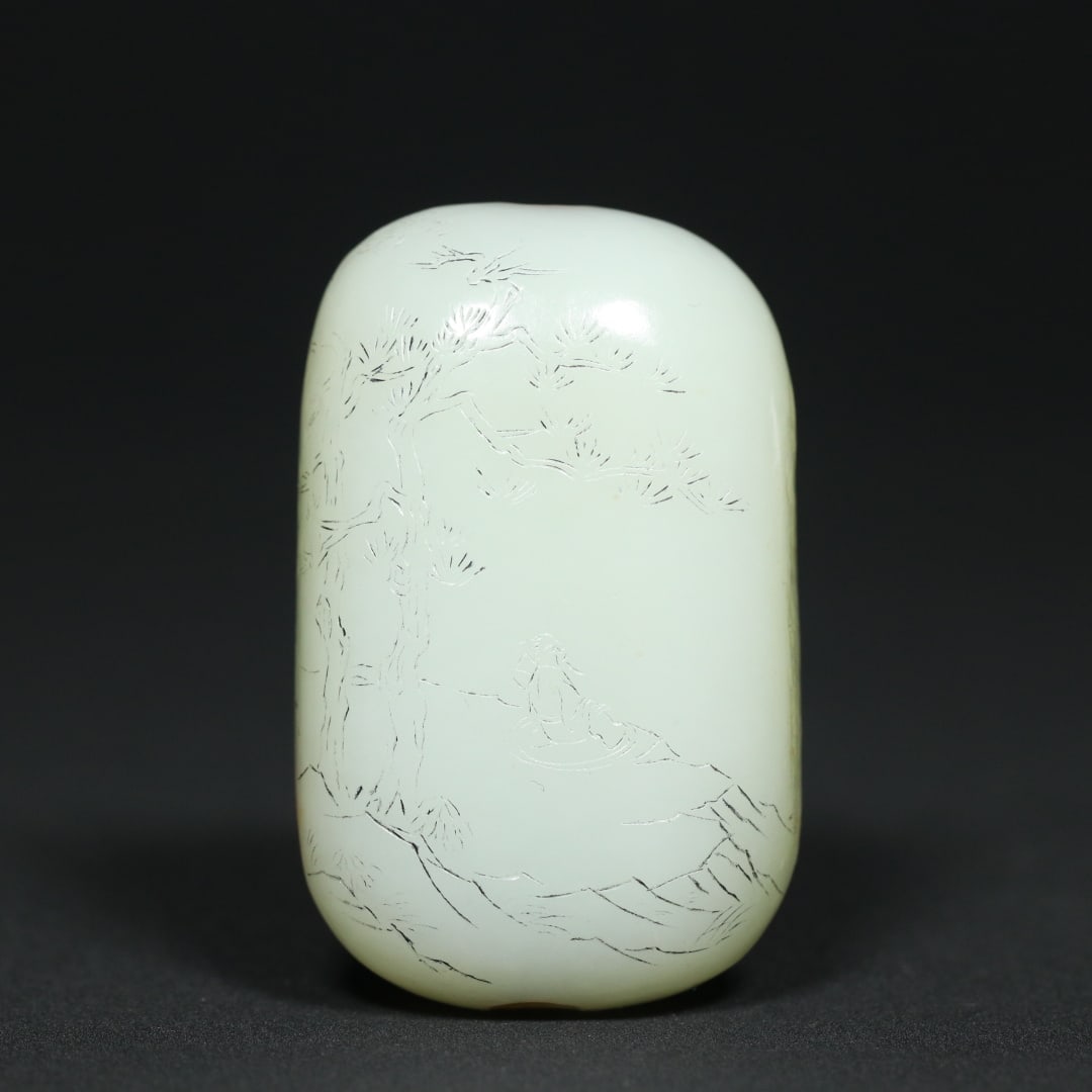 An Exquisite White Jade Character and Story Pattern with poem Hand Piece: An Exquisite White Jade Character and Story Pattern with poem Hand Piece Qing Dynasty, China Size:2.4inx1.5inx0.9in