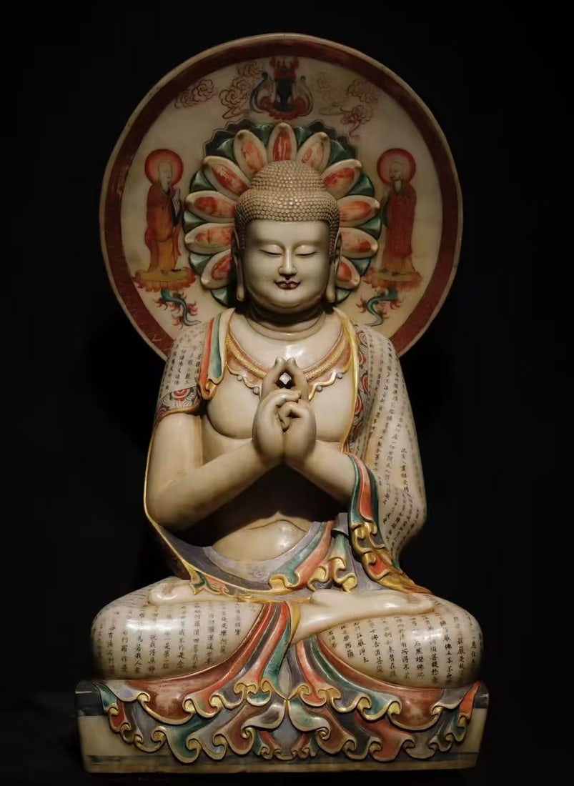 A Exquisite Marble Buddha statue Ornament: A Exquisite Marble Buddha statue Ornament Tang Dynasty, China Size:44.5inx24.8inx17.7in汉白玉彩绘大佛 中国唐代 Size:113cmx63cmx45cm