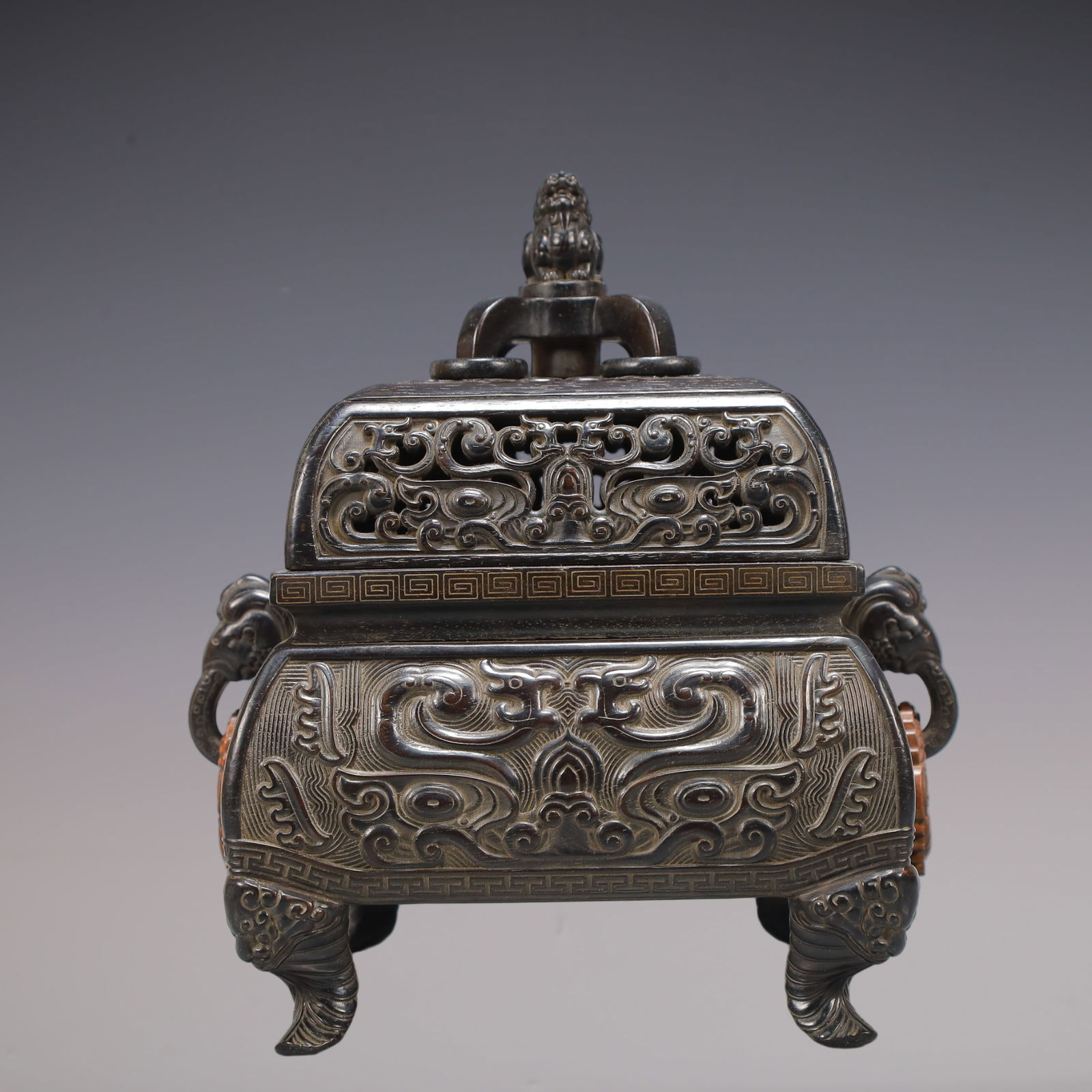 A Exquisite Zitanwood Beast-Face Pattern Double-Ears Censer: A Exquisite Zitanwood Beast-Face Pattern Double-Ears Censer Qing Dynasty, China Qianlong Four-character Mark Size:7.1inx5.9inx7.9in Weight:800g紫檀木兽面纹双&