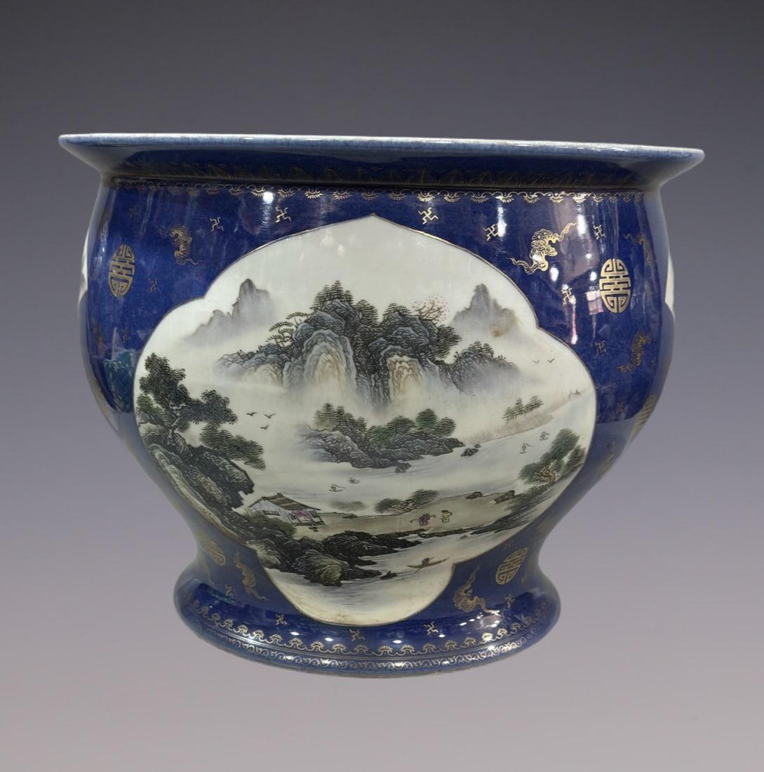 An Exquisite Ji Blue Glazed Painted Gold Landscape Pattern Bats and Peach Pattern Vat: An Exquisite Ji Blue Glazed Painted Gold Landscape Pattern Bats and Peach Pattern Vat Qing Dynasty, China Size:13.6inx17.1in霁蓝描金山水大缸