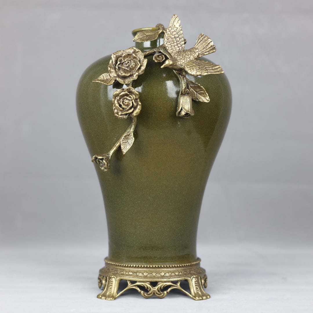An Exquisite Teadust Glazed Inlaid Bronze Flower and Bird Pattern Vase: An Exquisite Teadust Glazed Inlaid Bronze Flower and Bird Pattern Vase Qing Dynasty, China Qianlong Six-character Mark