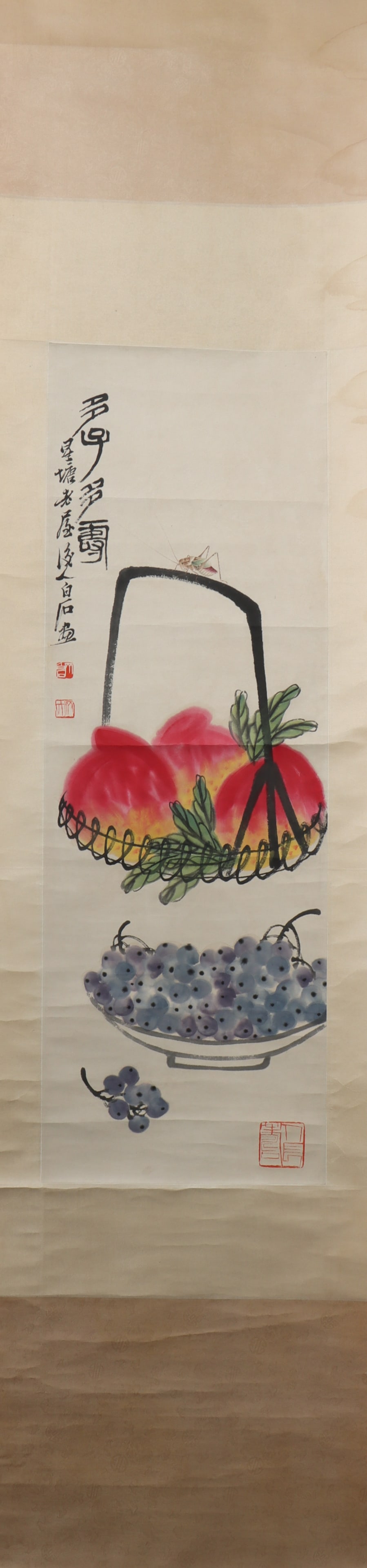 A Chinese Vertical Scroll Ink Painting of Flower and Fruit on Paper: A Chinese Vertical Scroll Ink Painting of Flower and Fruit on Paper Qi baishi Size:40.6inx13.8in齐白石多子多寿 纸本立轴Size:103cmx35cm