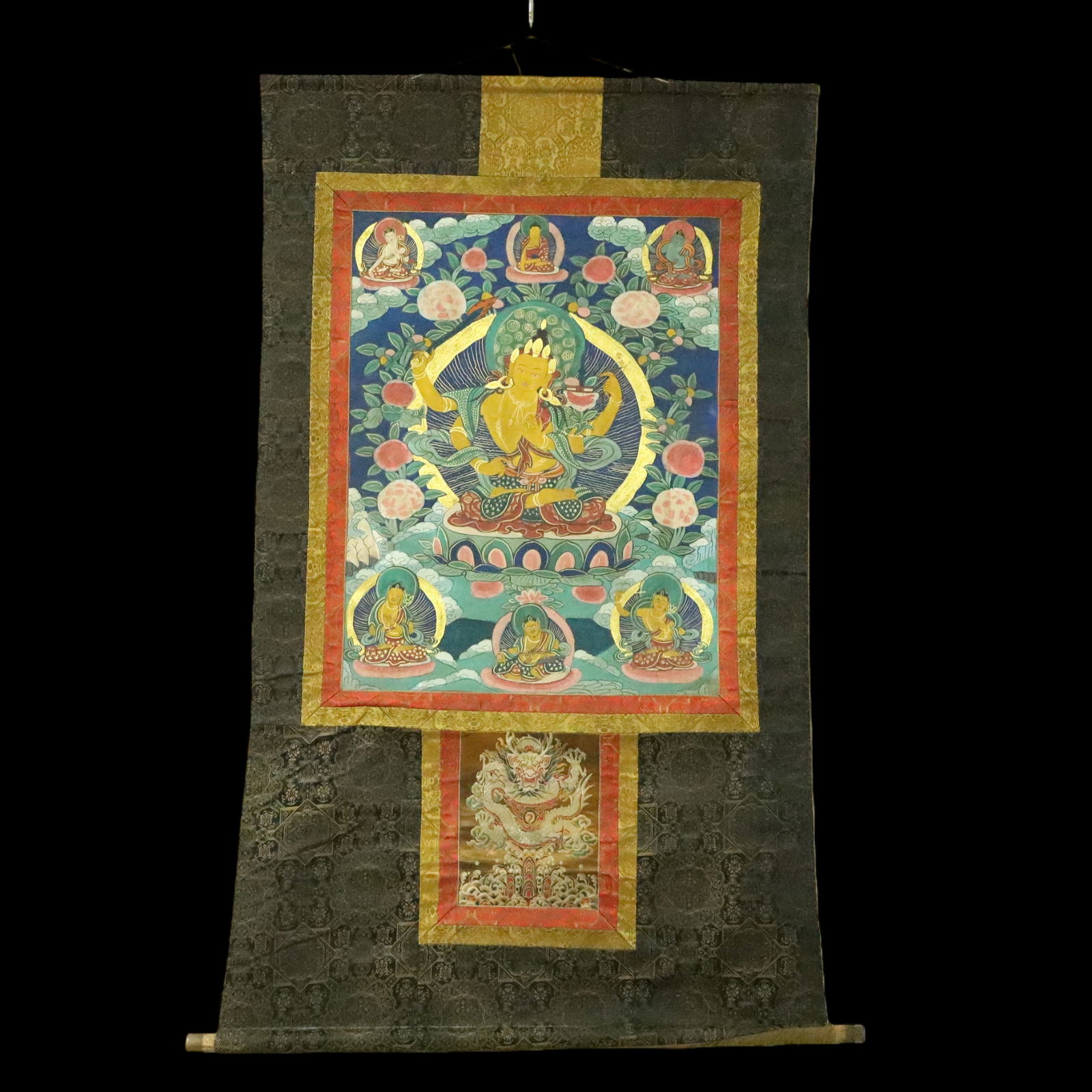 An Exquisite Brocade Painted Color Statue of Manjusri Tangka: An Exquisite Brocade Painted Color Statue of Manjusri Tangka Ming Dynasty, China Size:37inx61in织锦彩绘文殊菩萨唐卡