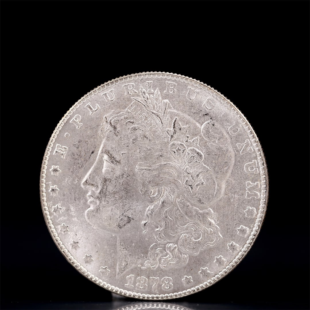 USA Morgan Dollar 1878 Coin: Obv: profile bust with date below and E PLURIBUS UNUM legend and stars around. Rev: eagle with In God we trust above within wreath with UNITED STATES OF AMERICA ONE DOLLAR legend. IN GOD WE TRUST / LI
