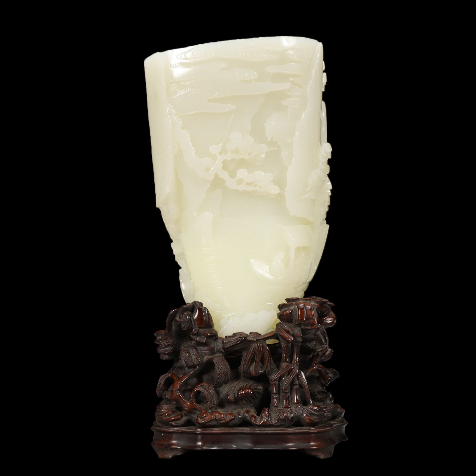 A Exquisite White Jade Pine Pattern Goblet: A Exquisite White Jade Pine Pattern Goblet Qing Dynasty, China Size:3.8inx2.7inx5.9in Weight:970g白玉松树纹爵杯 中国清代 Size:9.7cmx6.