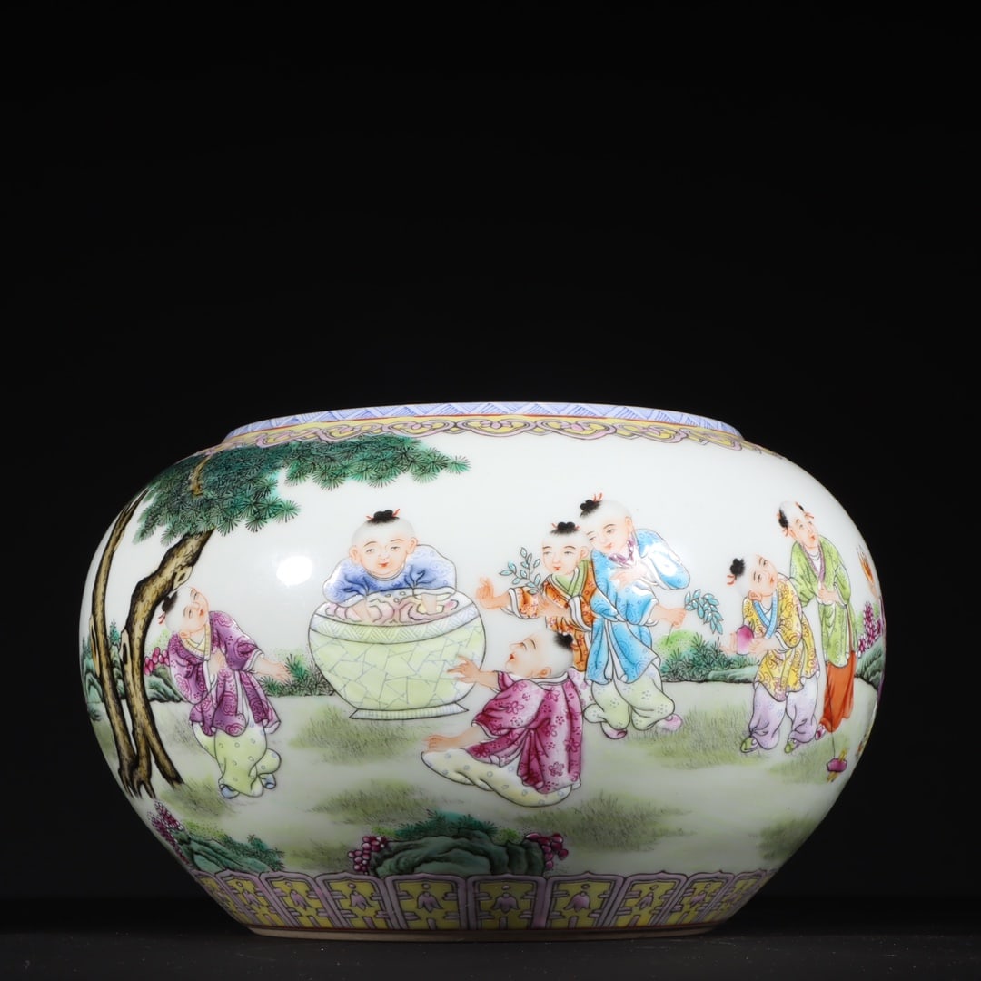 An Exquisite Famille-Rose Character and Story Pattern Brush Washer: An Exquisite Famille-Rose Character and Story Pattern Brush Washer Qing Dynasty, China Qianlong Six-character Mark Size:4.5inx7.1in粉彩婴戏图水洗