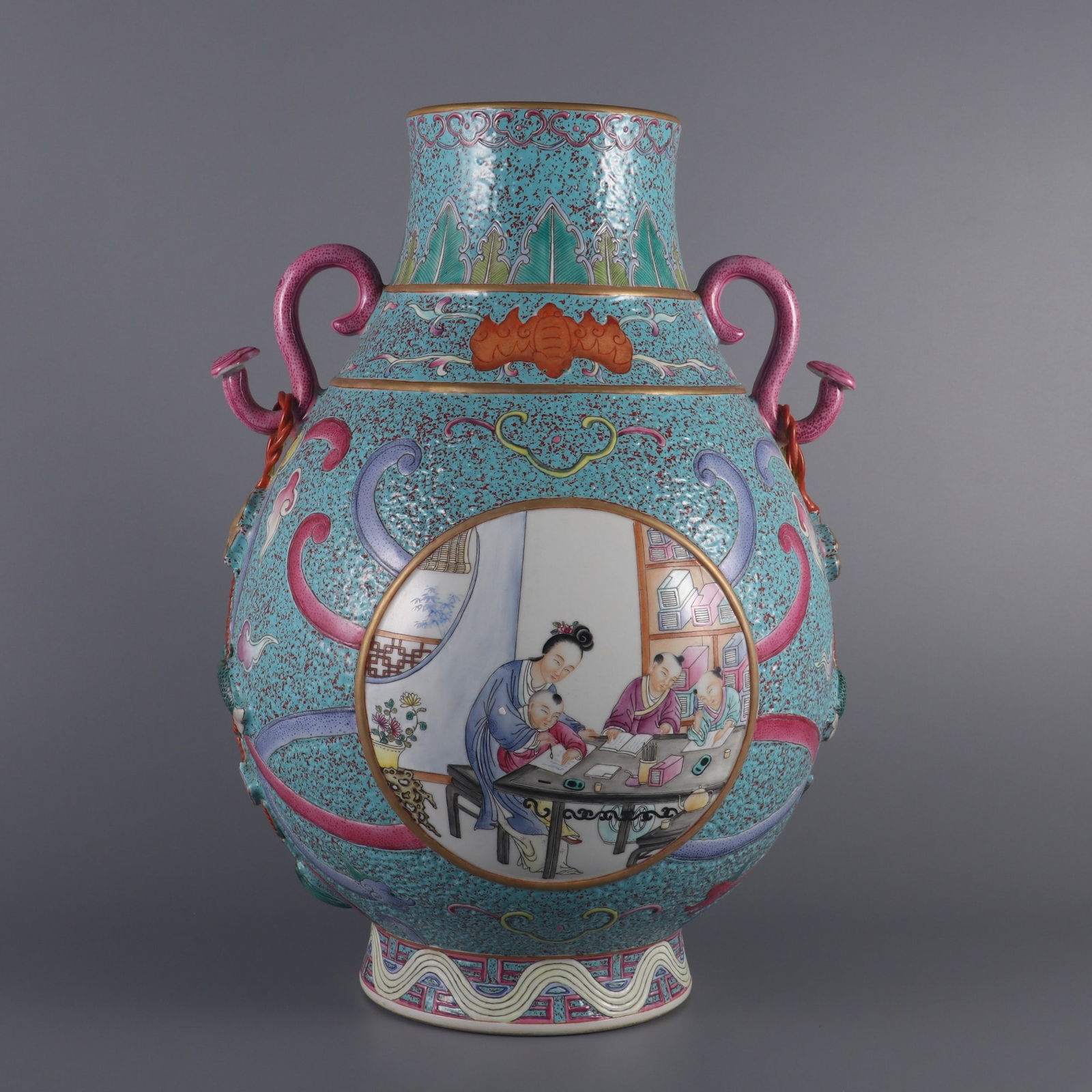 An Exquisite Famille-Rose Robin's-Egg-Glazed Character and Story Pattern Double-Ears Vase (1 of 10)