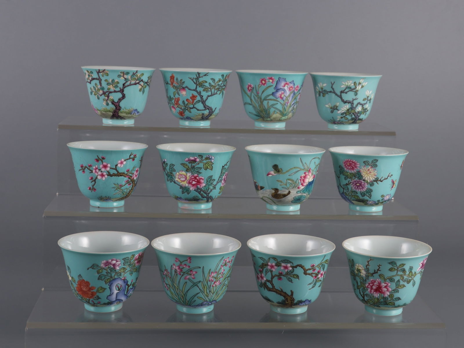 A Set of Fine Enamel Green Ground Flower Pattern with poem Cup: A Set of Fine Enamel Green Ground Flower Pattern with poem Cup Qing Dynasty, China Yongzheng Four-character Mark
