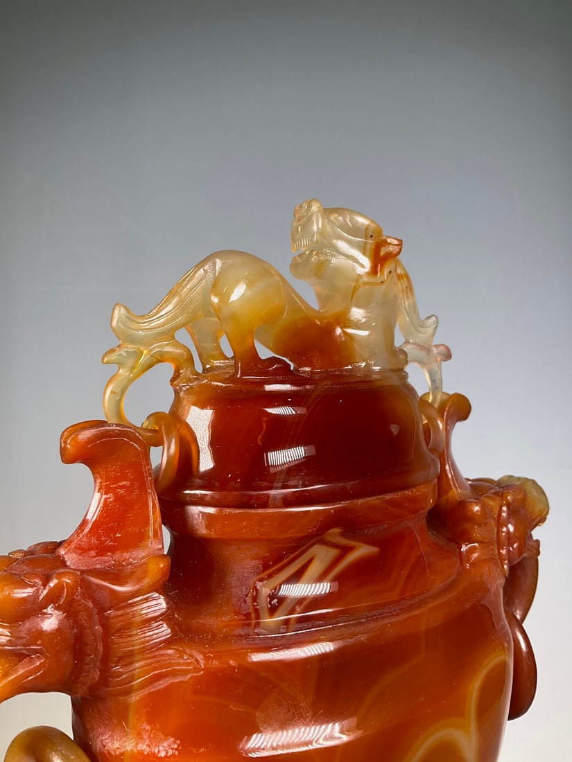 An Exquisite Agate Dragon Pattern Double-Ears Censer - 2