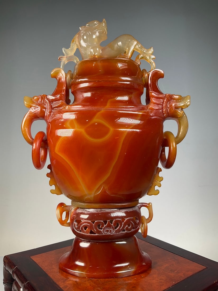 An Exquisite Agate Dragon Pattern Double-Ears Censer - 7