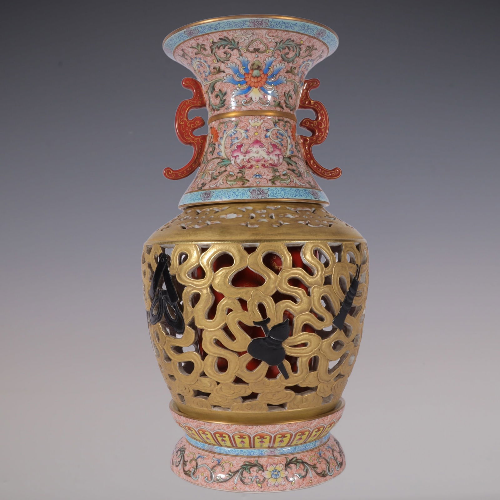 An Exquisite Famille-Rose Eight Treasures Pattern Lotus Pattern Double-Ears Vase: An Exquisite Famille-Rose Eight Treasures Pattern Lotus Pattern Double-Ears Vase Qing Dynasty, China Qianlong Six-character Mark Size:15inx7.9in粉彩凤尾草金地