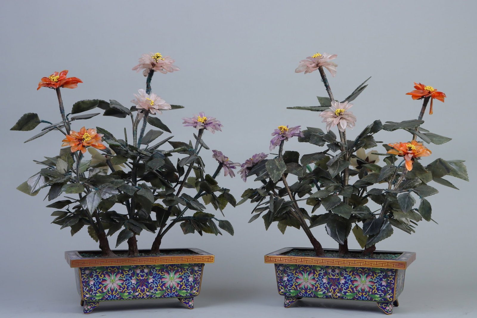 A Pair of Exquisite Cloisonne Inlaid Serpentine Jade Flower Pattern Bonsai (1 of 9)
