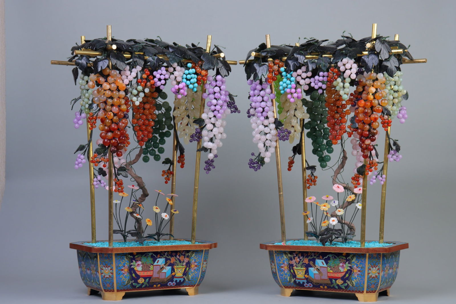 A Pair of Exquisite Cloisonne Inlaid Gems Flower and Fruit Pattern Bonsai (1 of 10)