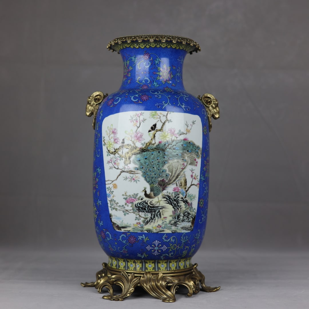 An Exquisite Enamel Inlaid Bronze Lotus Pattern Flower and Bird Pattern Double-Ears Vase: An Exquisite Enamel Inlaid Bronze Lotus Pattern Flower and Bird Pattern Double-Ears Vase Qing Dynasty, China Qianlong Four-character Mark