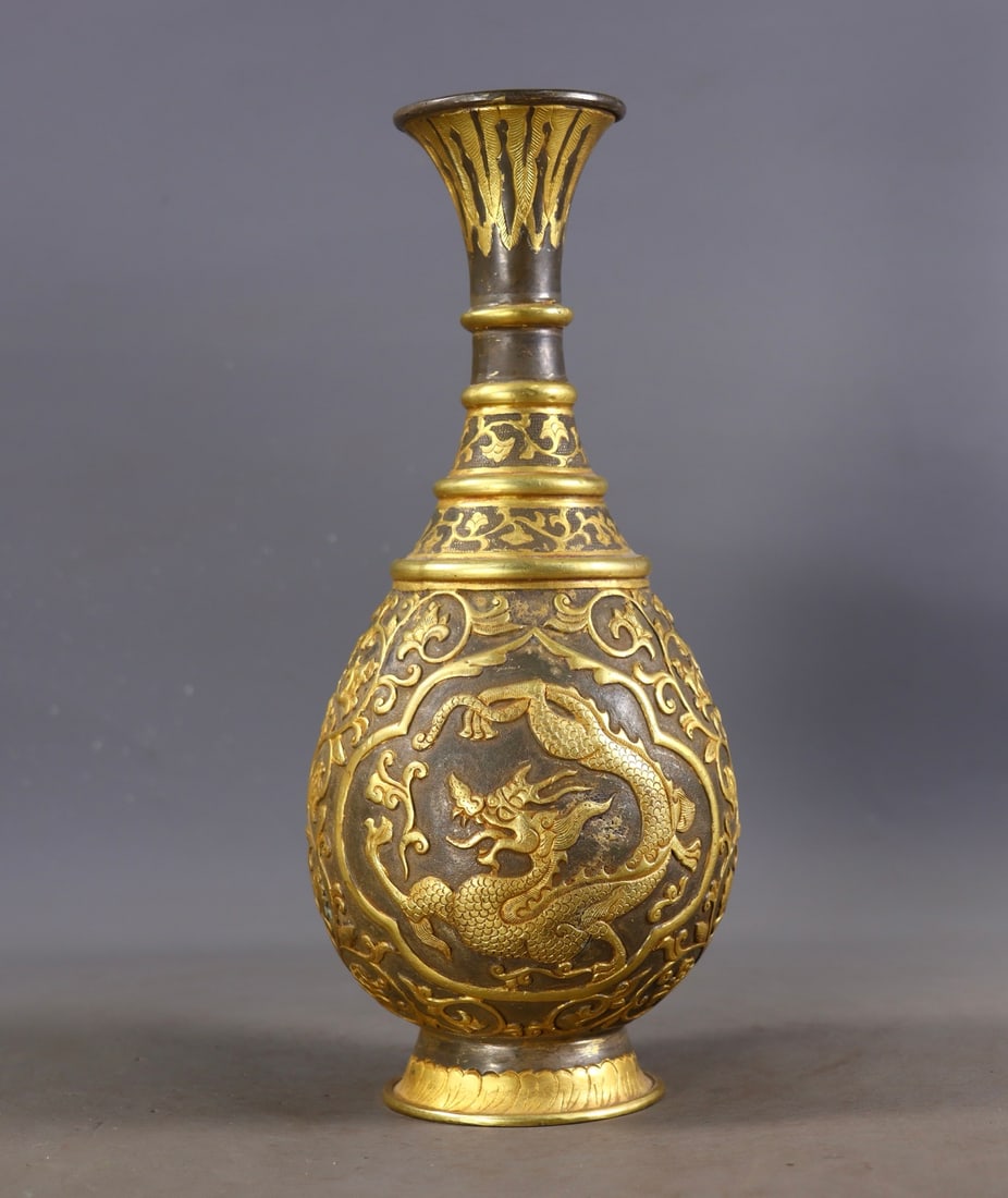 An Exquisite Gilt Bronze Lotus Pattern Dragon and Phoenix Pattern Vase (1 of 9)