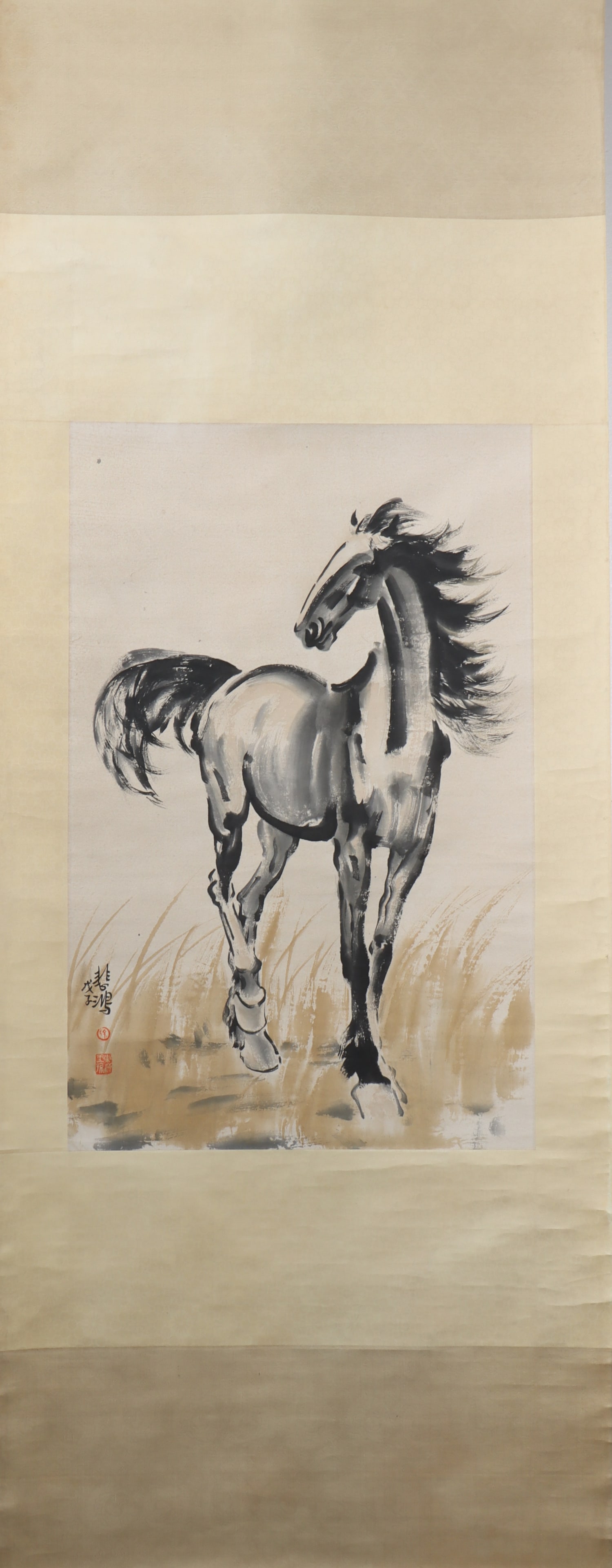 A Chinese Vertical Scroll Ink Painting of Horse on Paper (1 of 3)