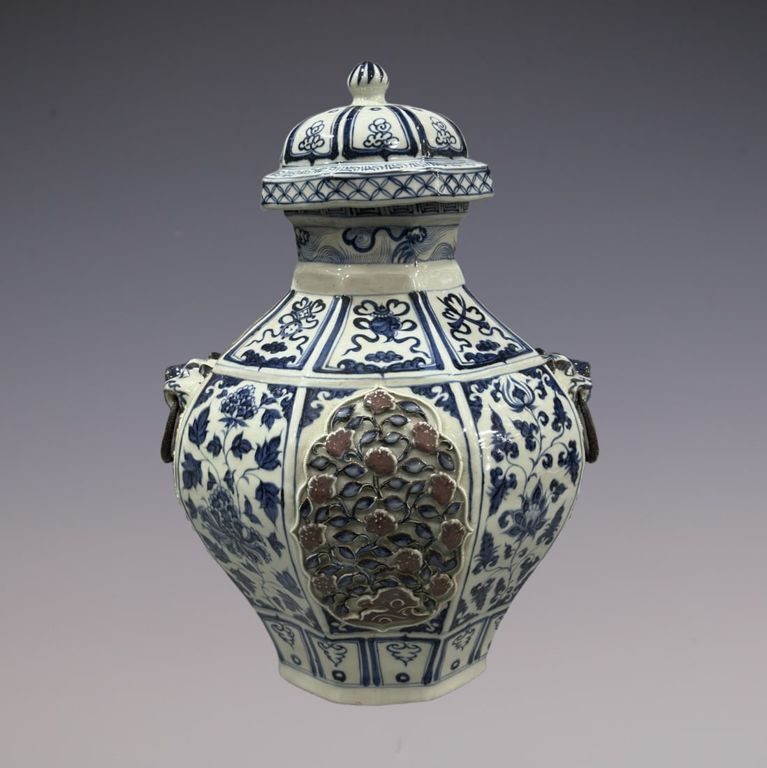 An Exquisite Blue and White Underglaze-Red Eight Treasures Pattern Flower Pattern Double-Ears Jar: An Exquisite Blue and White Underglaze-Red Eight Treasures Pattern Flower Pattern Double-Ears Jar Yuan Dynasty, China