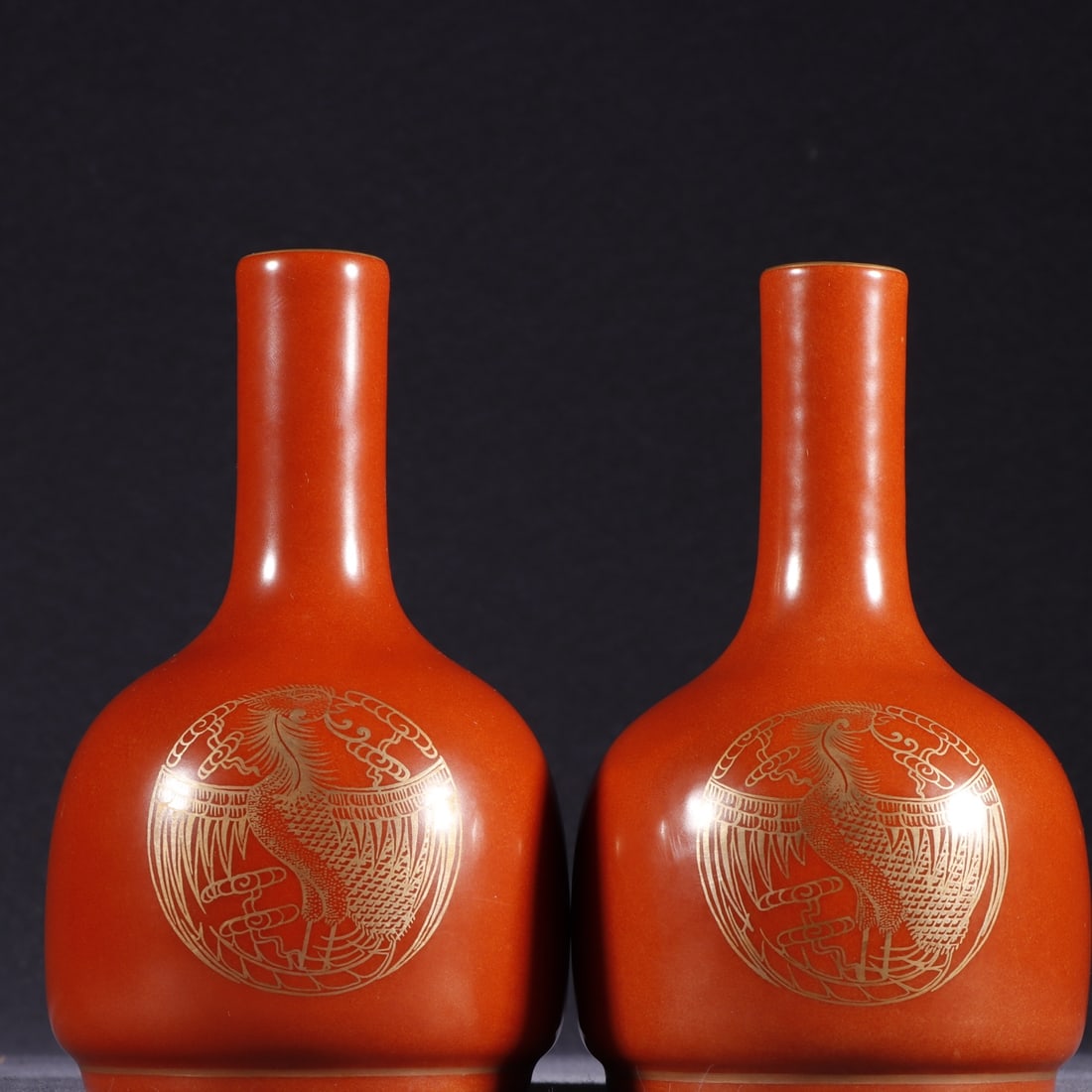 A Pair of Exquisite Iron-Red Painted Gold Phoenix Pattern Vase: A Pair of Exquisite Iron-Red Painted Gold Phoenix Pattern Vase Qing Dynasty, China Qianlong Six-character Mark
