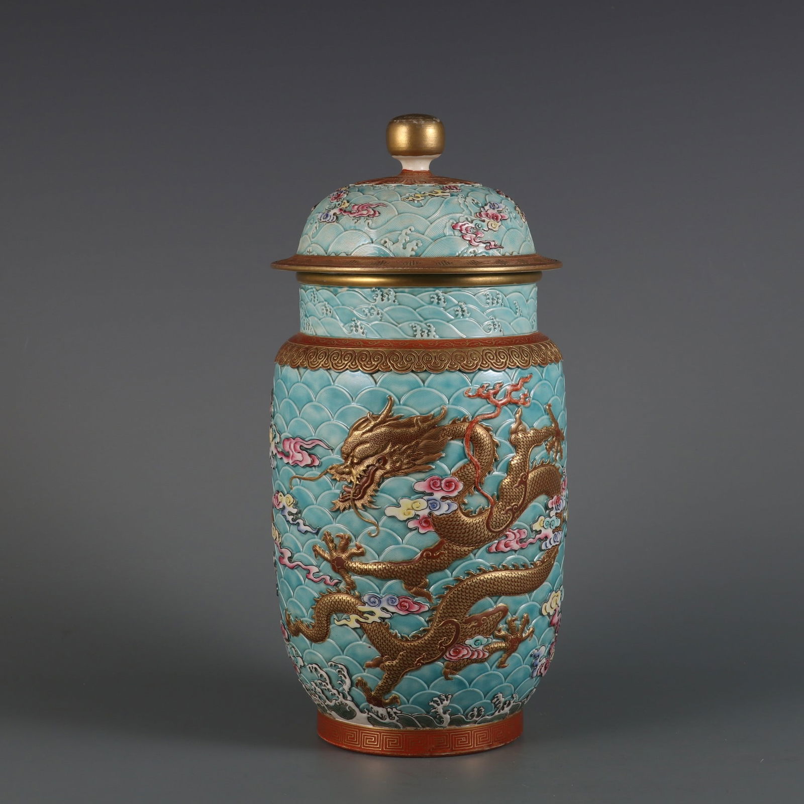 An Exquisite Famille-Rose Painted Gold Dragon Pattern Seawater Pattern Jar: An Exquisite Famille-Rose Painted Gold Dragon Pattern Seawater Pattern Jar Qing Dynasty, China Qianlong Six-character Mark
