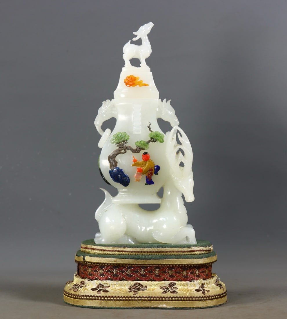 An Exquisite White Jade Inlaid Gems Character and Story Pattern Deer-Shaped Vase (1 of 9)