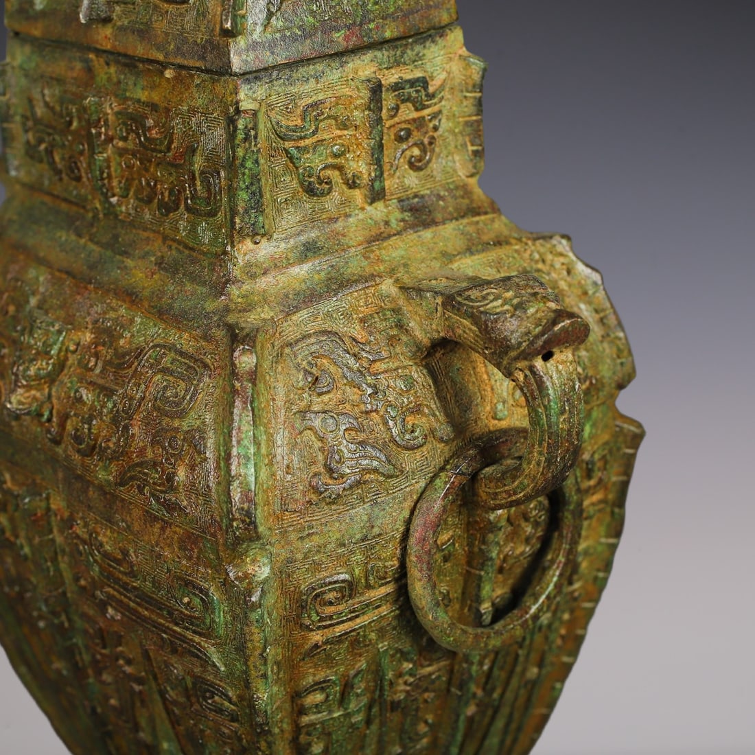 An Exquisite Bronze Beast-Face Pattern Double-Ears Vase - 6