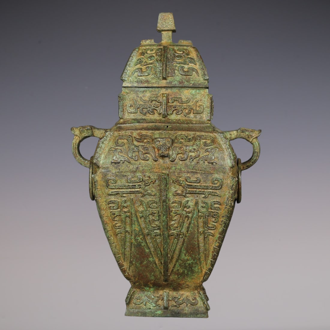 An Exquisite Bronze Beast-Face Pattern Double-Ears Vase - 8