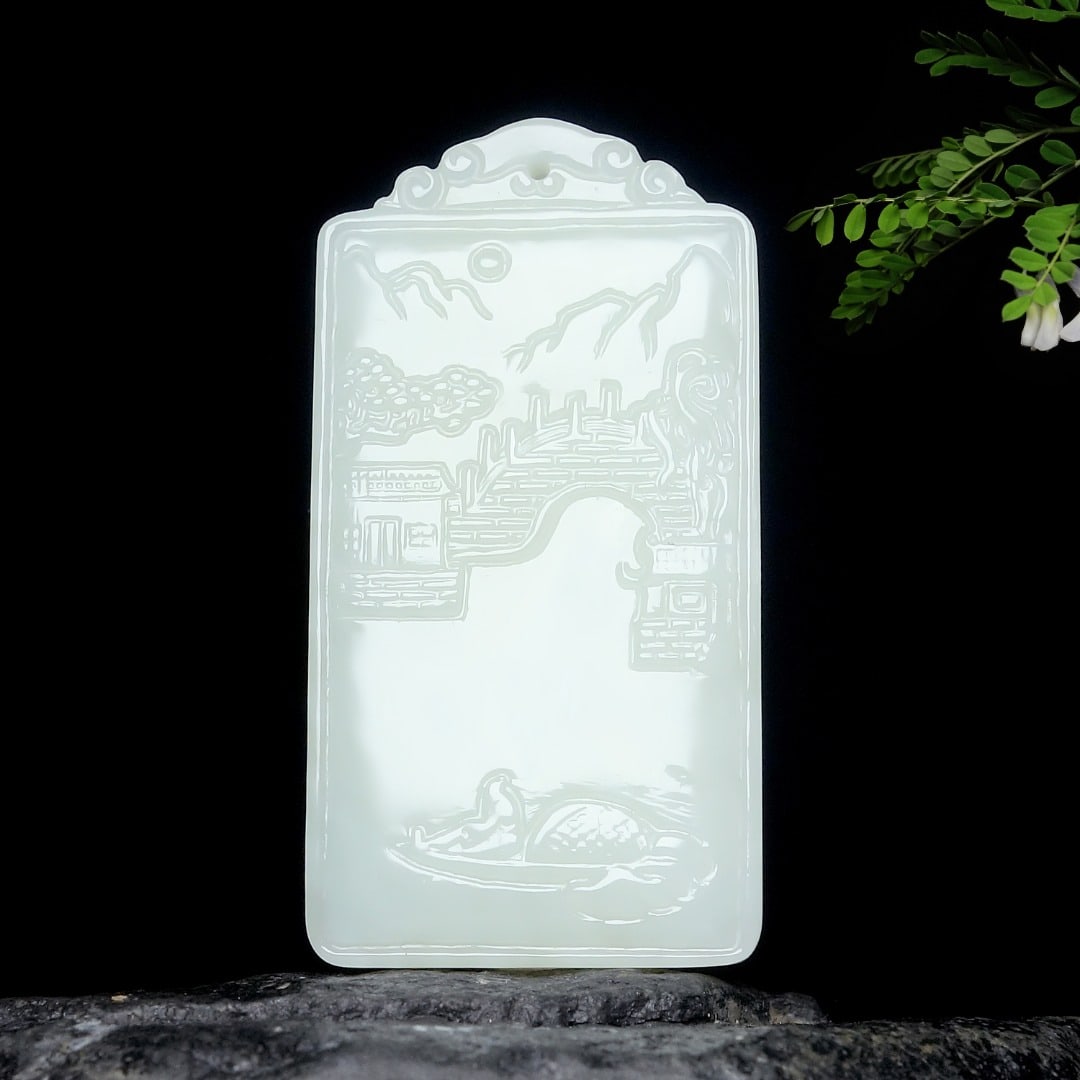 An Exquisite White Jade Landscape Pattern Pendant: An Exquisite White Jade Landscape Pattern Pendant,Size:51mmx27mmx8mm 白玉山水纹挂件