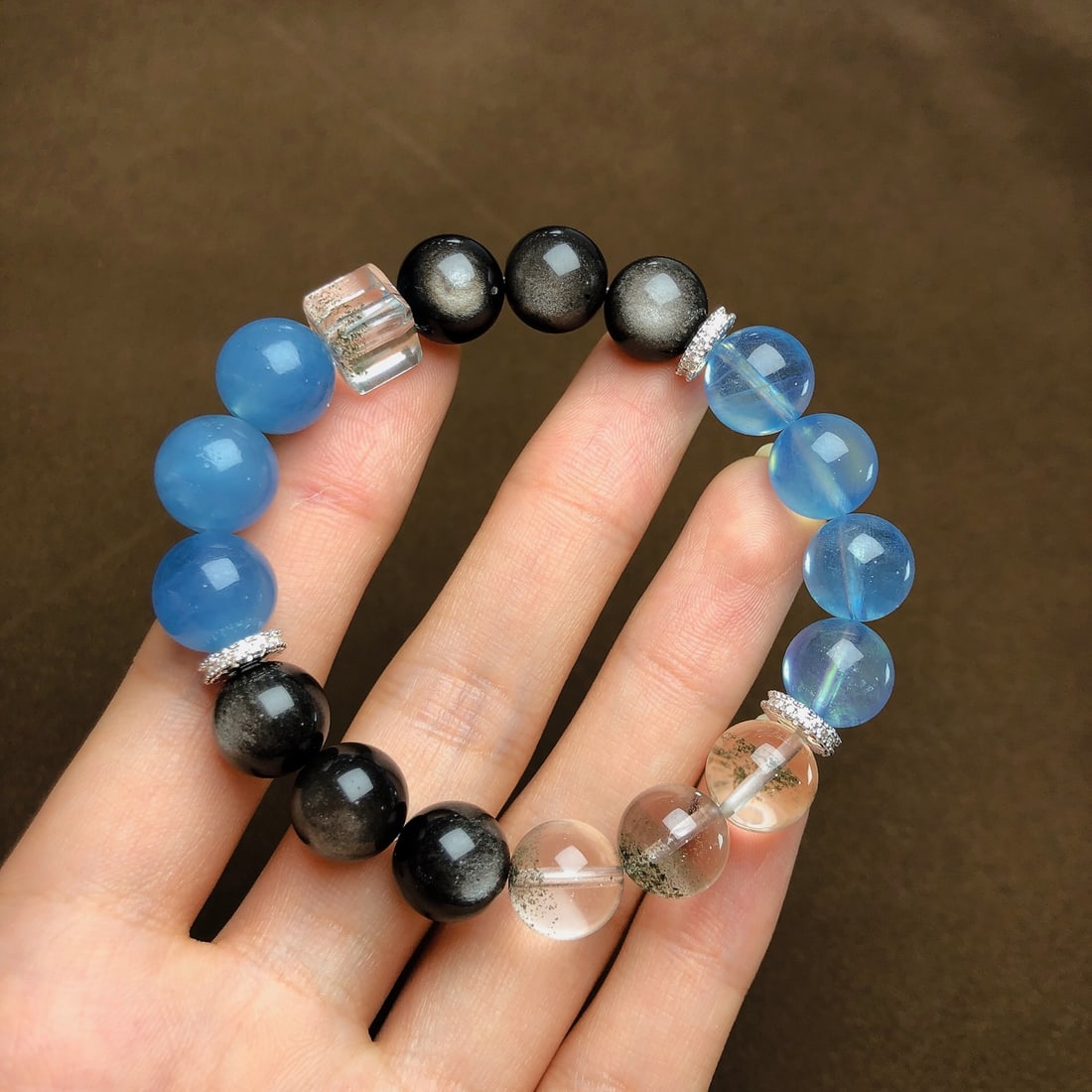 An Exquisite Crystal Aquamarine Silver Sheen Obsidian Bracelets (1 of 8)