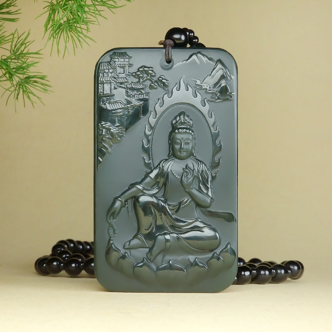 An Exquisite Greenish Jade Statue of Avalokitesvara Pendant: An Exquisite Greenish Jade Statue of Avalokitesvara Pendant,Size:64mmx38mmx9mm 青玉观音像挂件