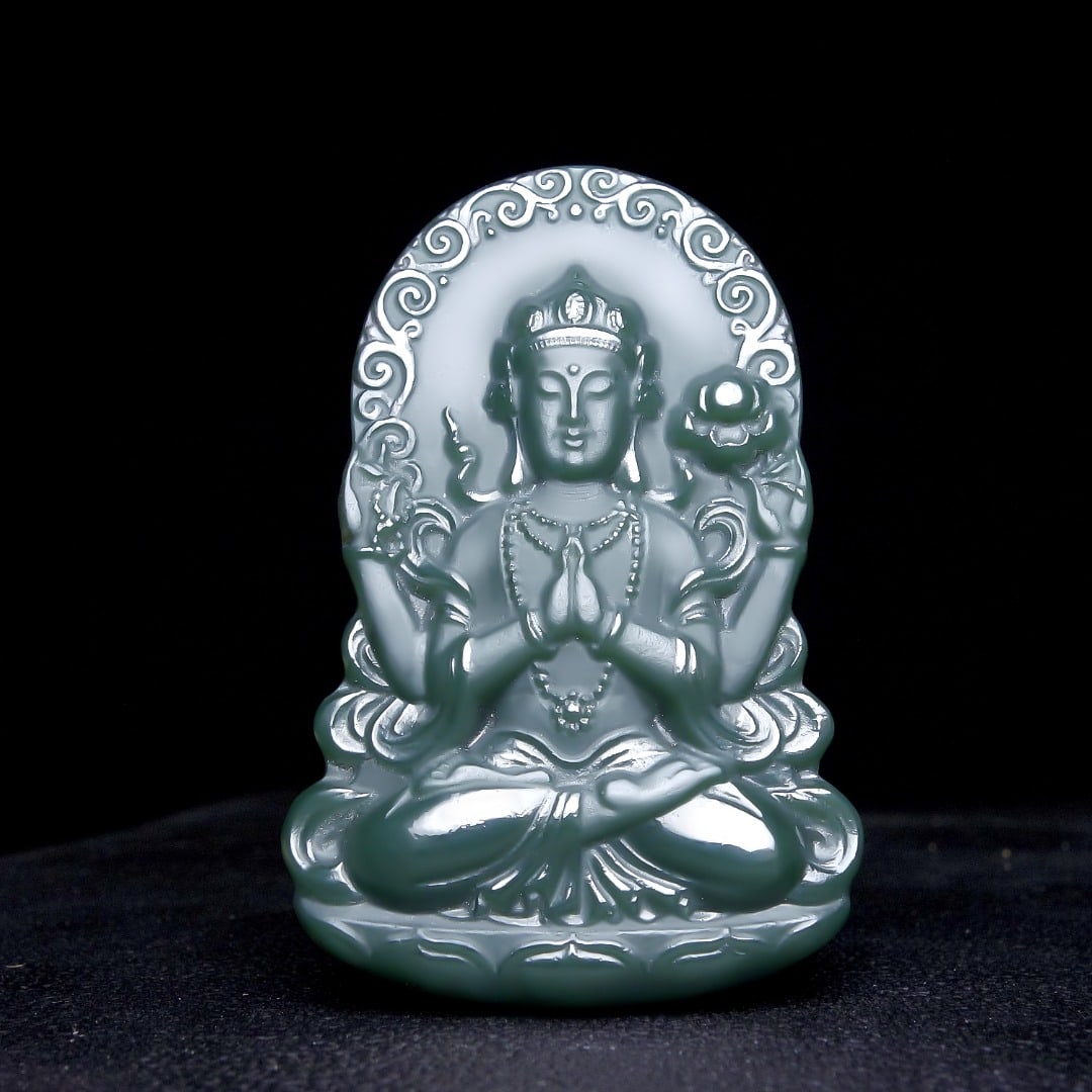 An Exquisite Greenish Jade Statue of Avalokitesvara Pendant: An Exquisite Greenish Jade Statue of Avalokitesvara Pendant,Size:59mmx40mmx10mm 青玉观音像挂件