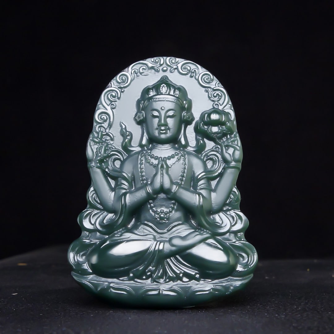 An Exquisite Greenish Jade Statue of Avalokitesvara Pendant: An Exquisite Greenish Jade Statue of Avalokitesvara Pendant,Size:55mmx40mmx10mm 青玉观音像挂件