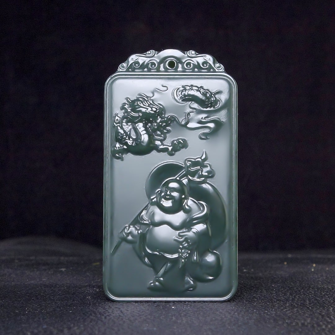 An Exquisite Greenish Jade Statue of Maitreya Buddha Pendant: An Exquisite Greenish Jade Statue of Maitreya Buddha Pendant,Size:53mmx28mmx11mm 青玉弥勒佛像挂件