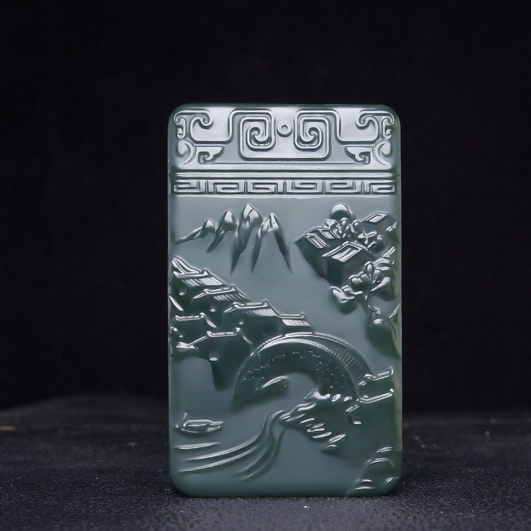 An Exquisite Greenish Jade Landscape Pattern Pendant: An Exquisite Greenish Jade Landscape Pattern Pendant,Size:49mmx30mmx10mm 青玉山水纹挂件
