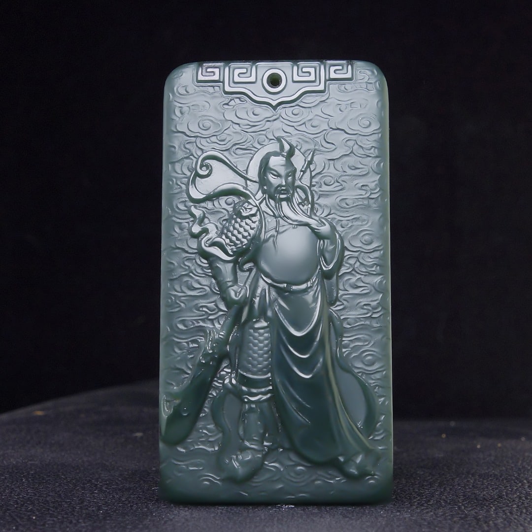An Exquisite Greenish Jade Statue of Guan gong Pendant: An Exquisite Greenish Jade Statue of Guan gong Pendant,Size:64mmx33mmx9.5mm 青玉关公像挂件