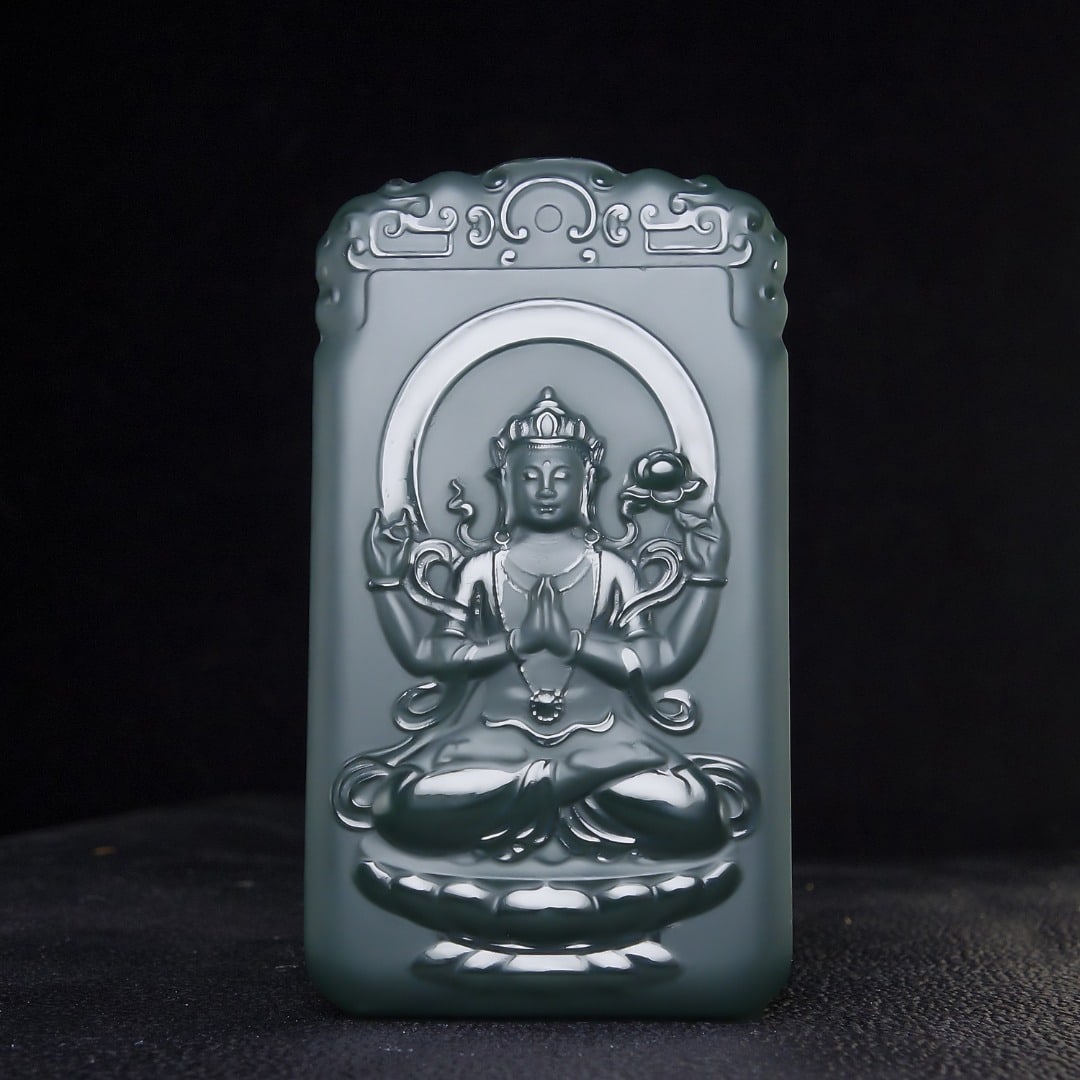 An Exquisite Greenish Jade Statue of Avalokitesvara Pendant: An Exquisite Greenish Jade Statue of Avalokitesvara Pendant,Size:64mmx36mmx9mm 青玉观音像挂件