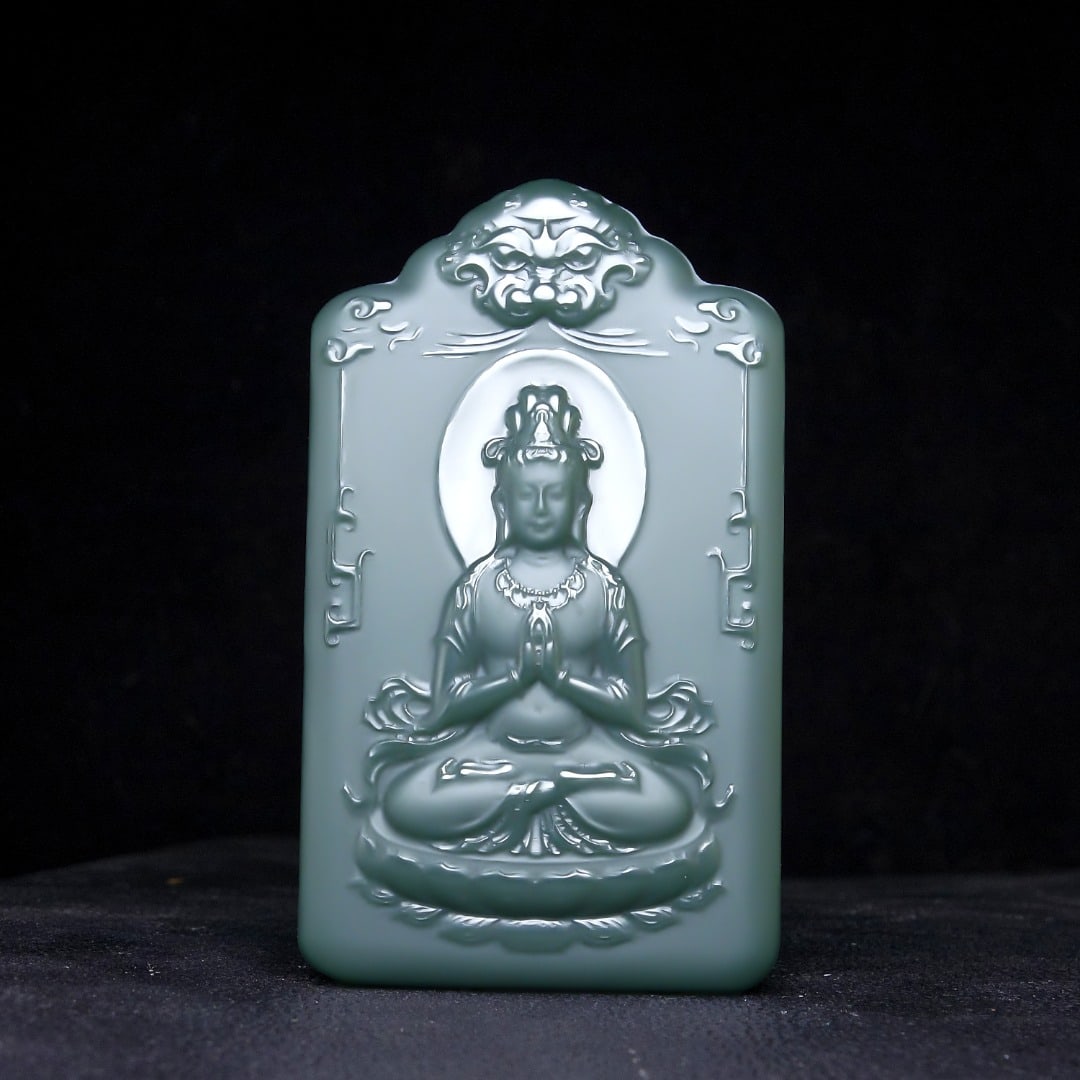An Exquisite Greenish Jade Statue of Avalokitesvara Pendant: An Exquisite Greenish Jade Statue of Avalokitesvara Pendant,Size:70mmx41mmx10mm 青玉观音像挂件