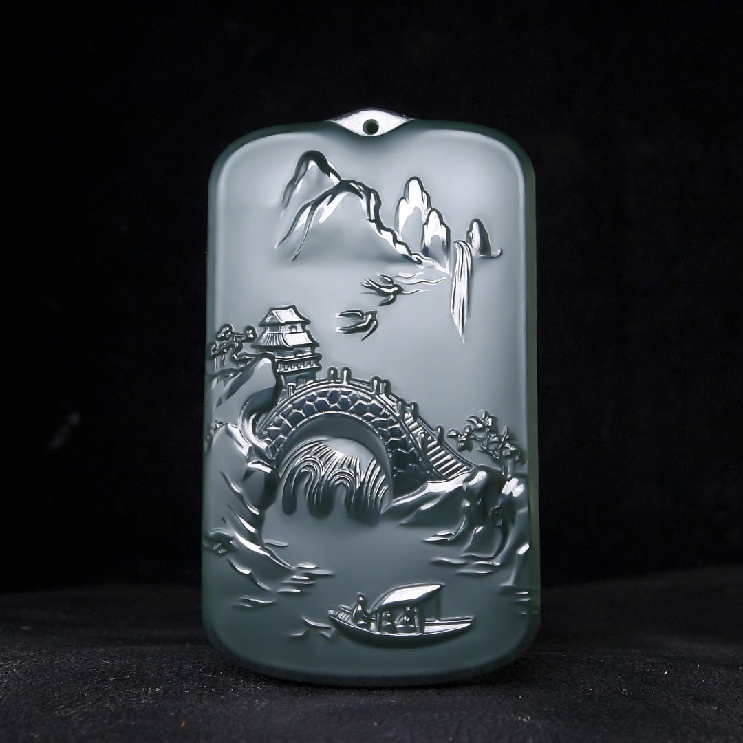 An Exquisite Greenish Jade Landscape Pattern Pendant: An Exquisite Greenish Jade Landscape Pattern Pendant,Size:67mmx38mmx10mm 青玉山水纹挂件