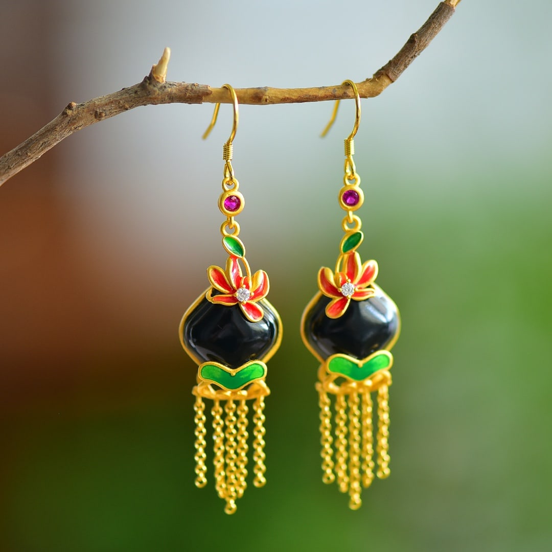 A Pair of Exquisite Sterling Silver-Gold Plated Inlaid Greenish Jade Enamel Earrings: A Pair of Exquisite Sterling Silver-Gold Plated Inlaid Greenish Jade Enamel Earrings, 一对纯银镀金镶青玉珐琅耳环