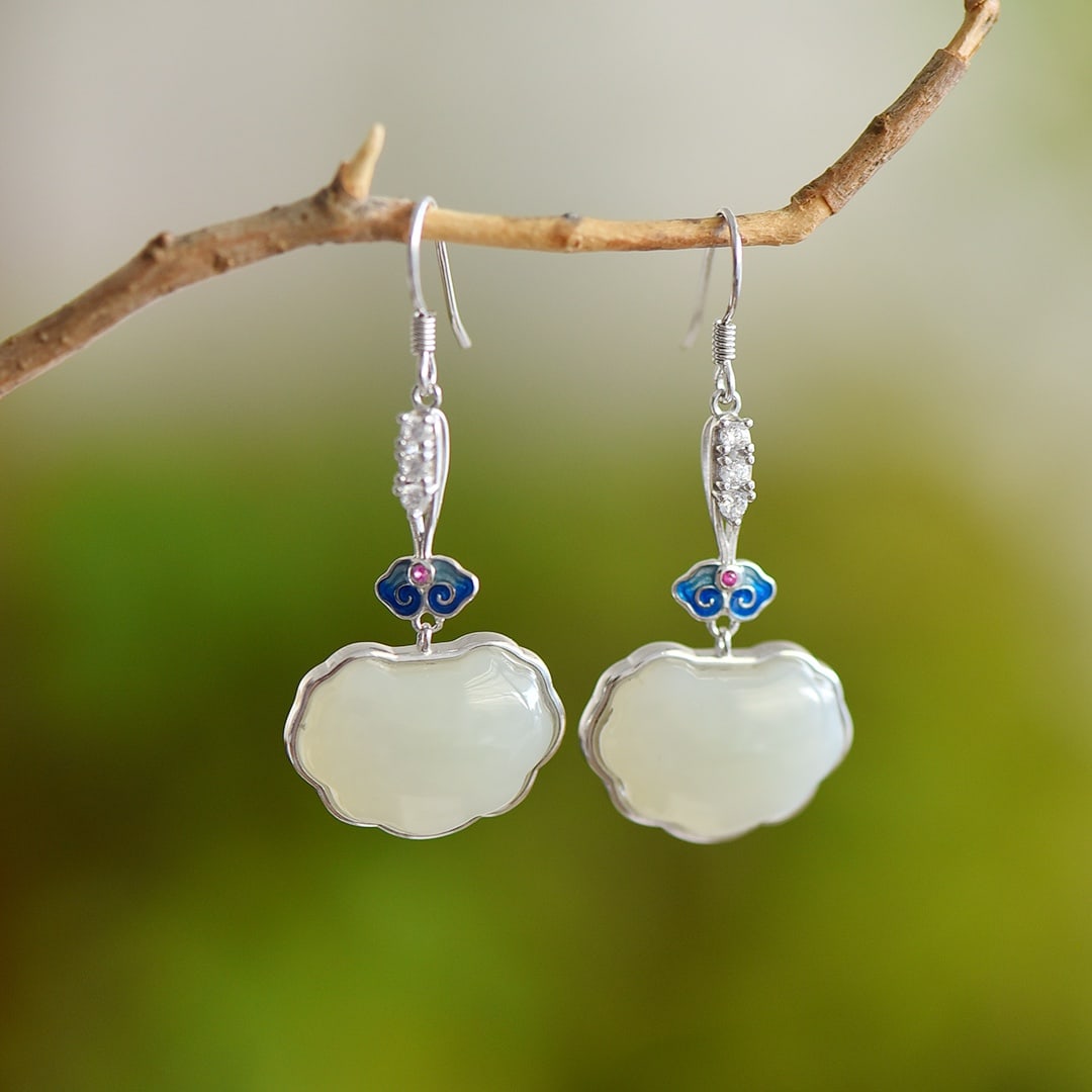 A Pair of Exquisite Sterling Silver Inlaid White Jade Enamel Earrings: A Pair of Exquisite Sterling Silver Inlaid White Jade Enamel Earrings, 一对纯银镶白玉珐琅耳环