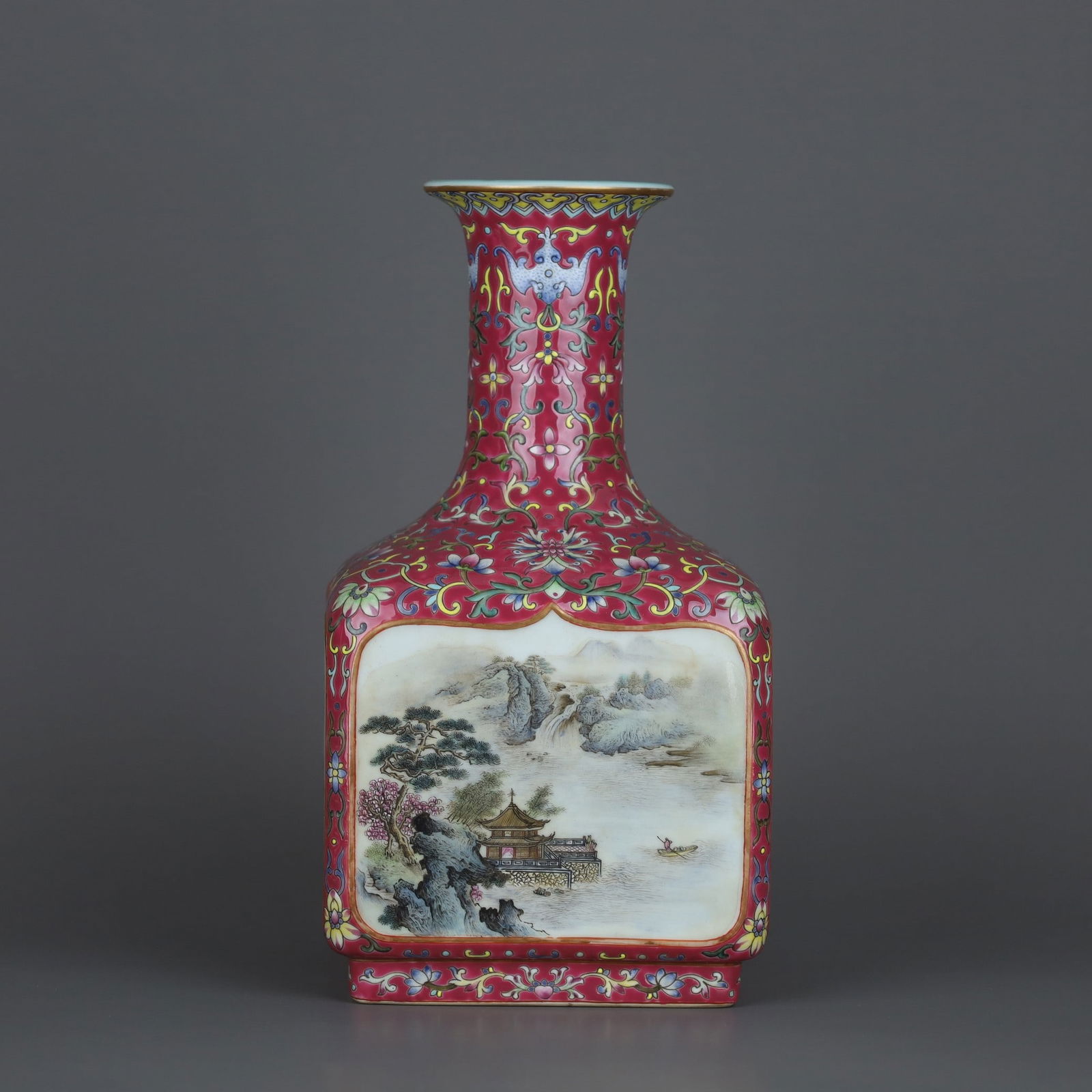 A Exquisite Ruby Red Ground Famille-Rose Landscape Pattern Vase (1 of 9)