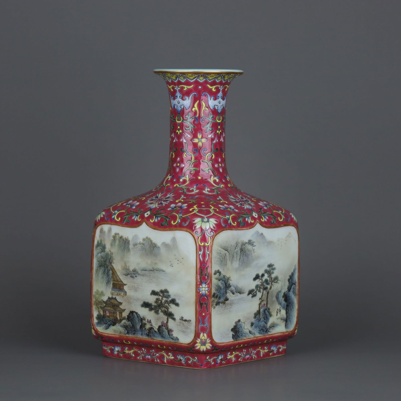 A Exquisite Ruby Red Ground Famille-Rose Landscape Pattern Vase - 2