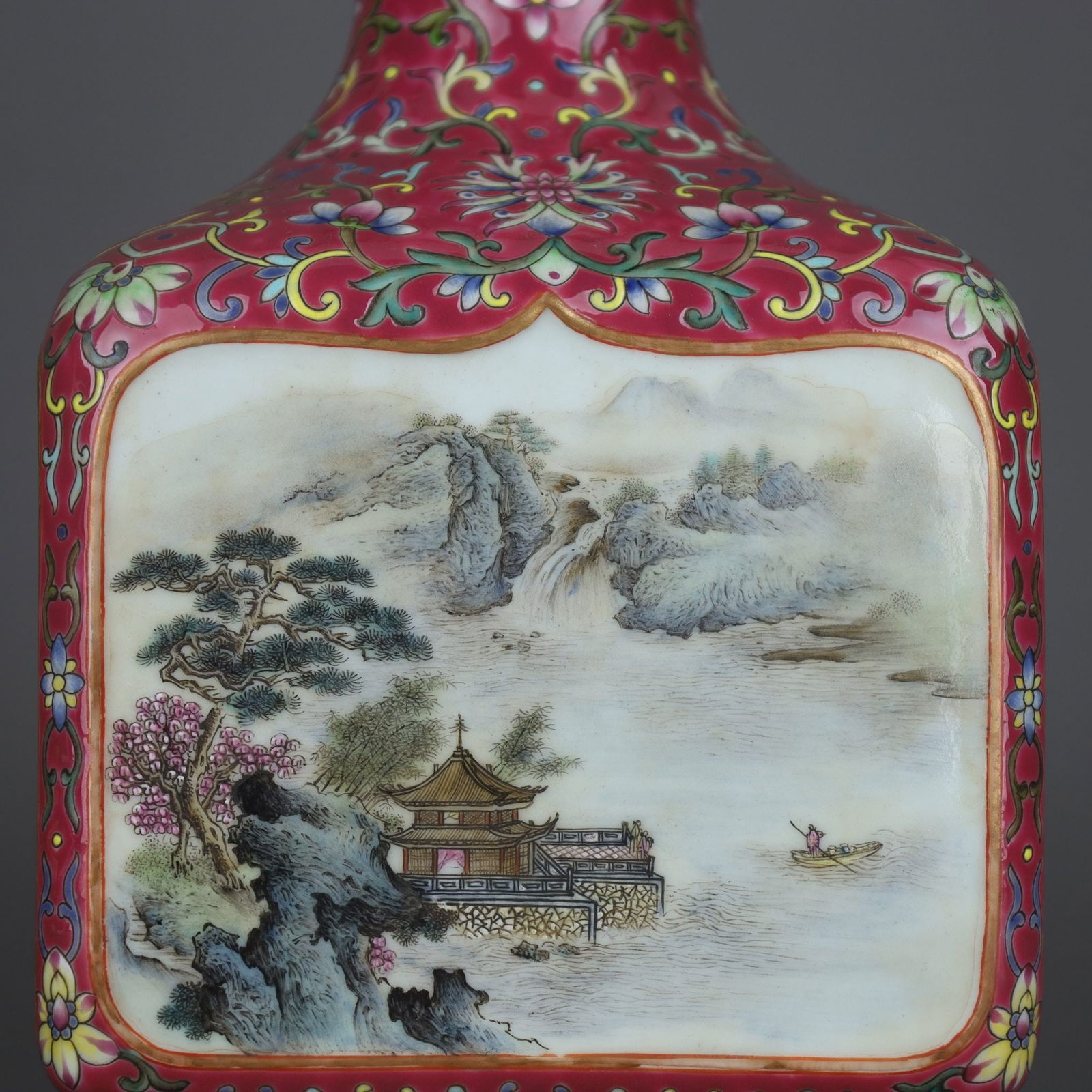 A Exquisite Ruby Red Ground Famille-Rose Landscape Pattern Vase - 5