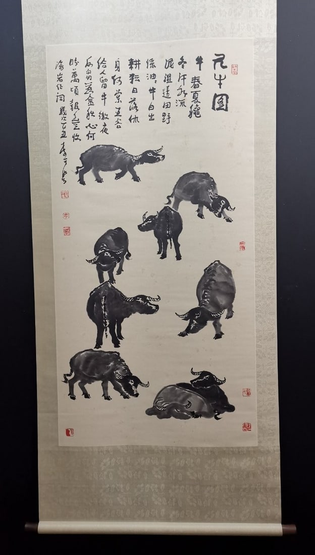 A Chinese Vertical Scroll Ink Painting of Buffalo on Paper: A Chinese Vertical Scroll Ink Painting of Buffalo on Paper,Modern Time of China,Li Keran,Size:53.9inx26.8in 