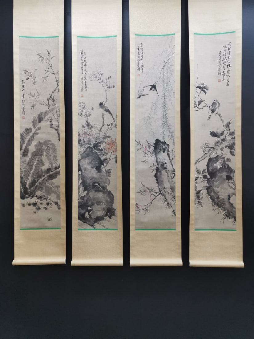 A Set of Chinese Vertical Scroll Ink Paintings of Flower and Bird on Paper (1 of 9)