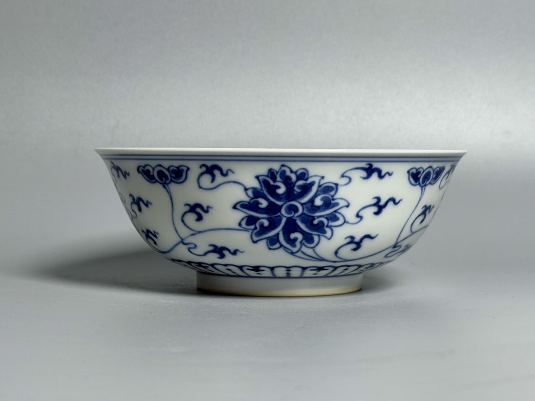 A Exquisite Blue and White Lotus Pattern Bowl: A Exquisite Blue and White Lotus Pattern Bowl,Qing Dynasty, China,Guangxu Six-character Mark,Size:5.7in 