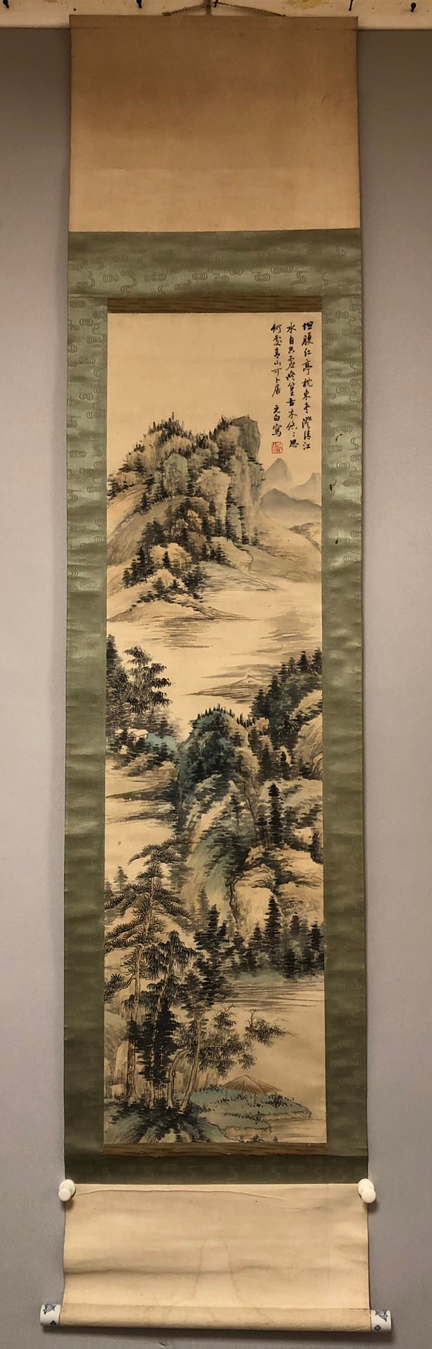 A Chinese Vertical Scroll Ink Painting of Landscape on Paper: A Chinese Vertical Scroll Ink Painting of Landscape on Paper,Modern Time of China,Qi Gong,Size:13inx49.6in 