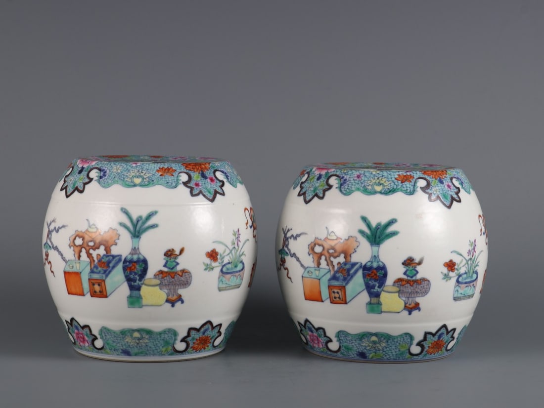 A Pair of Rare Doucai Antique Pattern Embroidered Stools (1 of 10)