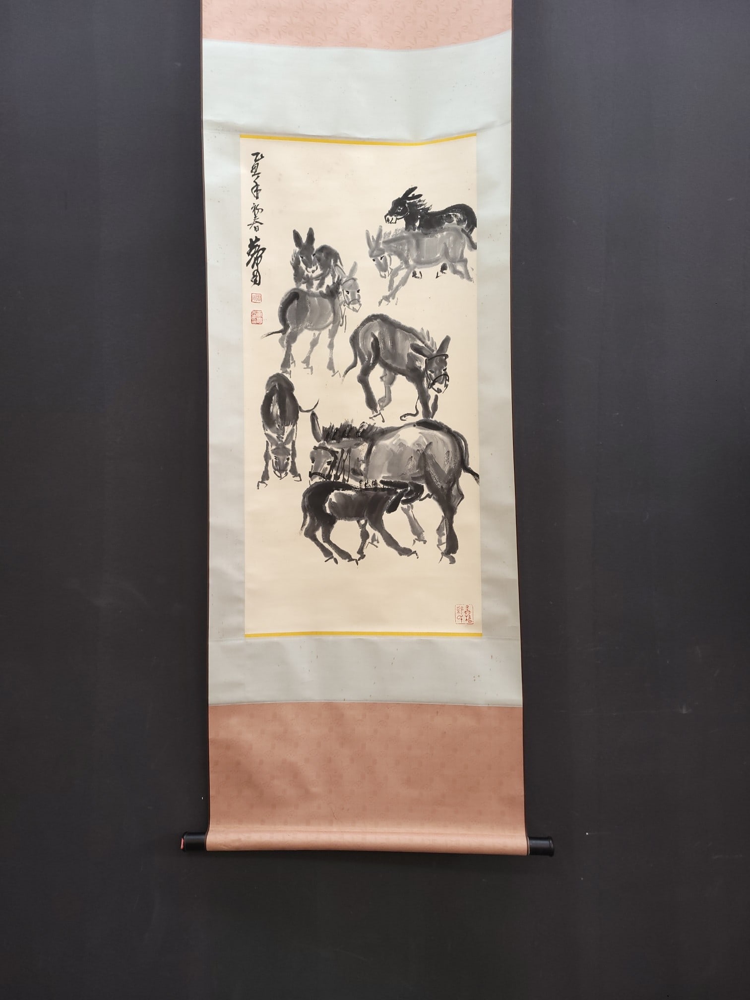 A Chinese Vertical Scroll Ink Painting of Donkey on Paper: A Chinese Vertical Scroll Ink Painting of Donkey on Paper,Modern Time of China,Huang Zhou,without frame size:18.7inx38.6in 